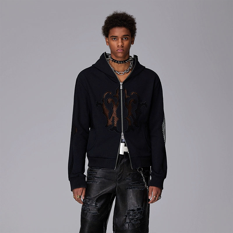 Hollow Mesh Embroidery Short Zipper Hoodie WN17946