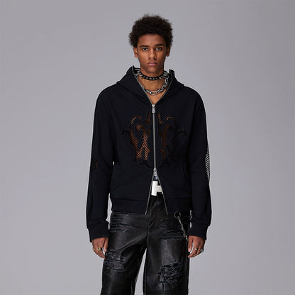 Hollow Mesh Embroidery Short Zipper Hoodie WN17946