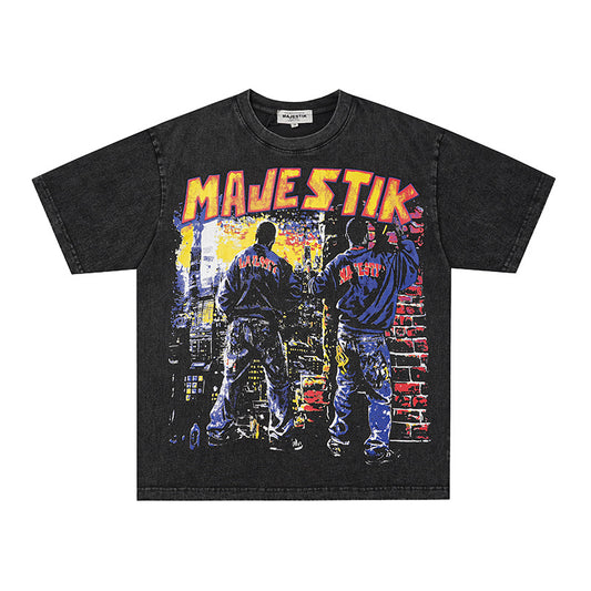 Washed Figure Letter Print Oversize Short Sleeve T-Shirt WN27950