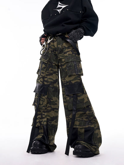 Camouflage Patchwork Leather Jacket & Cargo Pants Setup WN11726