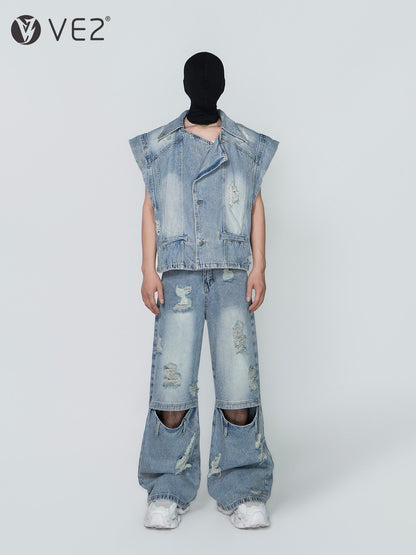 Damage Washed Sleeveless Denim Jacket & Cutout Wide Leg Denim Jeans Setup WN24303