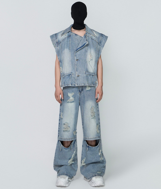 Damage Washed Sleeveless Denim Jacket & Cutout Wide Leg Denim Jeans Setup WN24303
