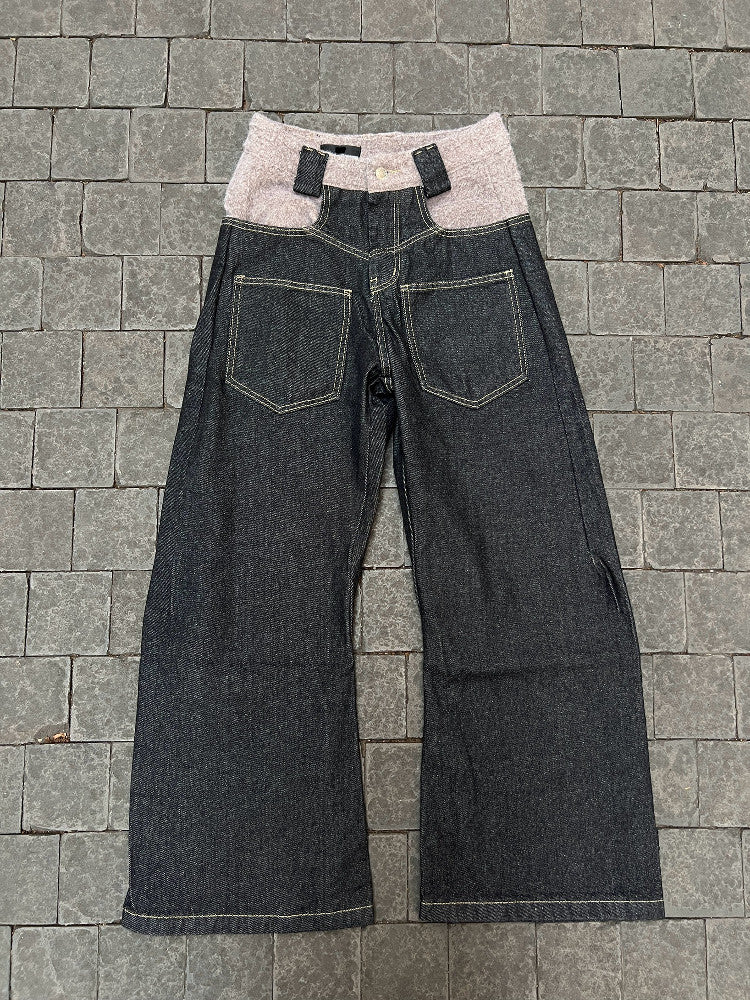 Reverse Patchwork Curved Silhouette Straight Denim Jeans WN24101