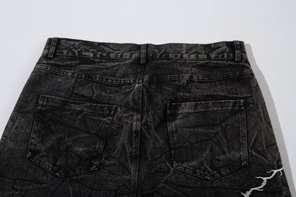 Washed Flare Lightning Embroidery Wide-Leg Denim Jeans WN12663