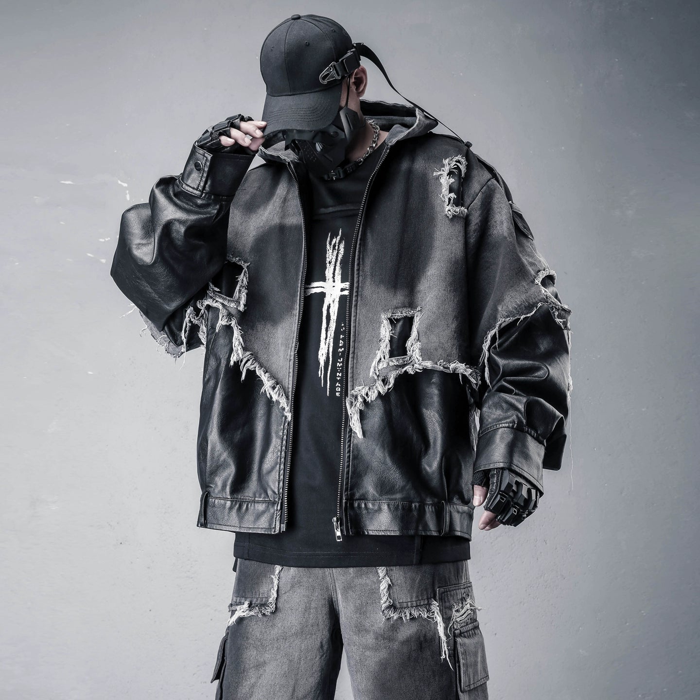 Damage Raw Edge Mix Patch PU Leather Denim Jacket WN22316