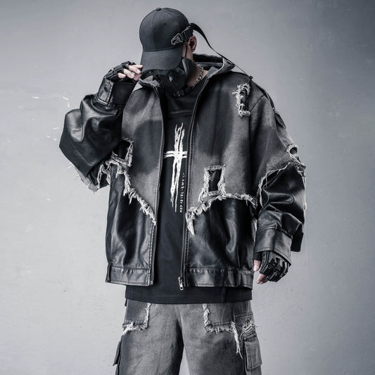 Damage Raw Edge Mix Patch PU Leather Denim Jacket WN22316