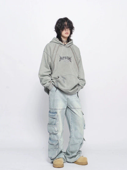 Graphic Print Patchwork Washed Oversize Pullover Hoodie WN24423
