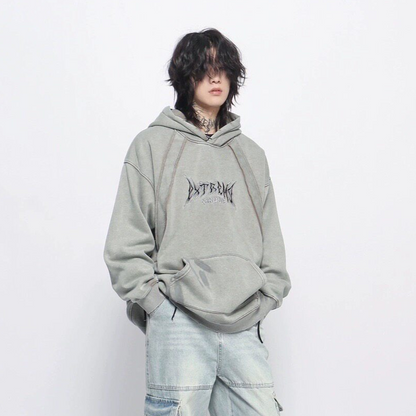 Graphic Print Patchwork Washed Oversize Pullover Hoodie WN24423