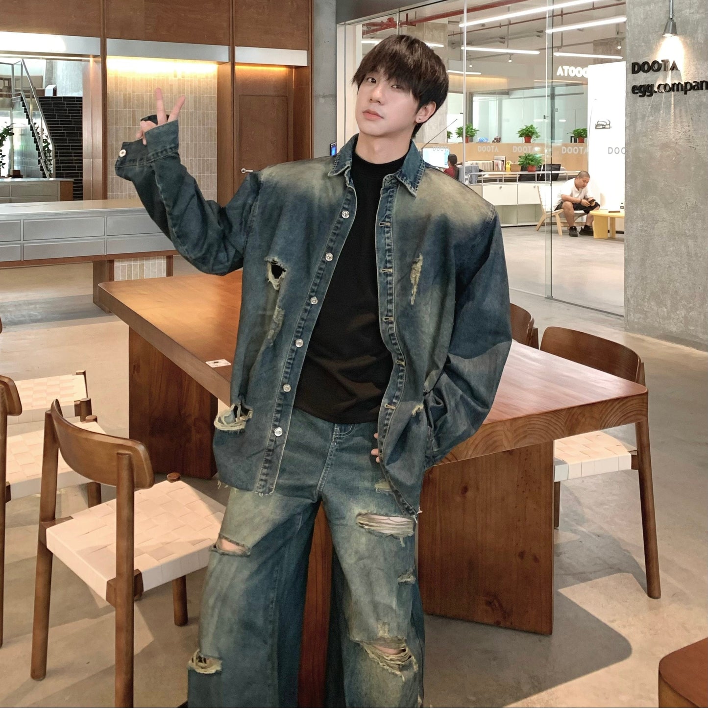 Damage Denim Jacket & Wide Leg Denim Jeans Setup WN25305