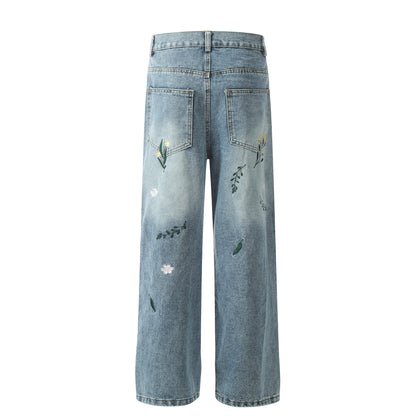 Floral Washed Wide-Leg Straight Denim Jeans WN11084