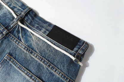 Washed Lightning Drawstring Denim Half Pants WN25850