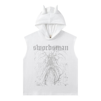 Washed Graffiti Print Sleeveless Hooded Tank Top WN15054