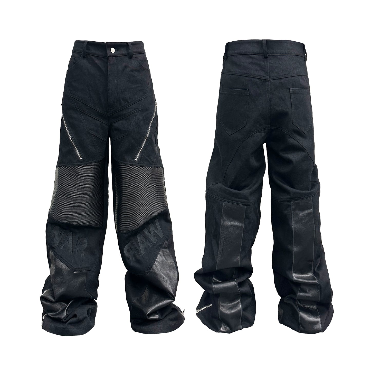 PU Leather Mix Zipper Design Wide Leg Pants WN17205