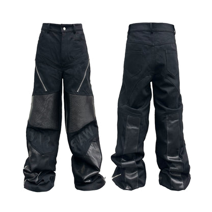 PU Leather Mix Zipper Design Wide Leg Pants WN17205