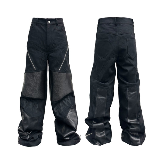 PU Leather Mix Zipper Design Wide Leg Pants WN17205