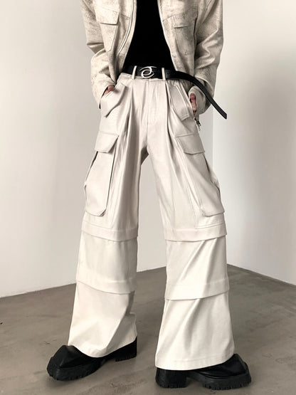 Pleates Wide-Leg PU Leather Cargo Pants WN9173