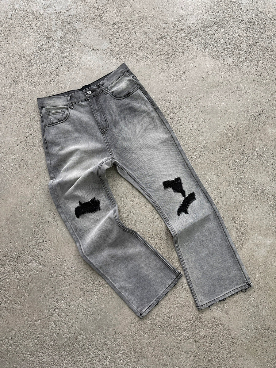 Washed Damage Micro Flare Design Denim Jeans WN17651