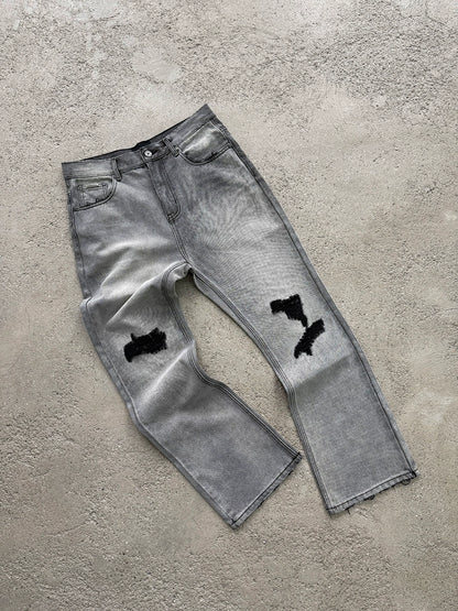 Washed Damage Micro Flare Design Denim Jeans WN17651