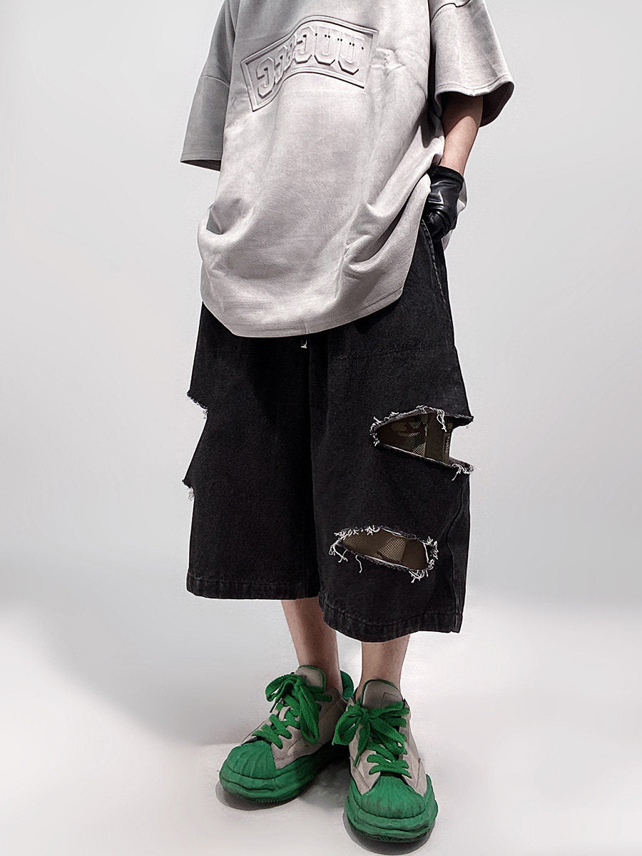 Damage Wide Leg Denim Half Jeans WN24013