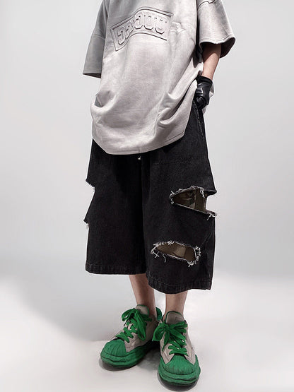 Damage Wide Leg Denim Half Jeans WN24013