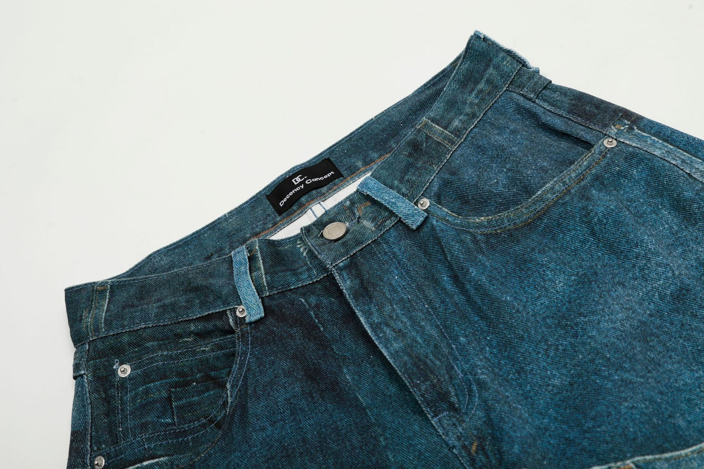 Washed Irregular Print Wide Leg Curved Denim Jeans WN25883