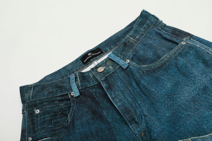 Washed Irregular Print Wide Leg Curved Denim Jeans WN25883