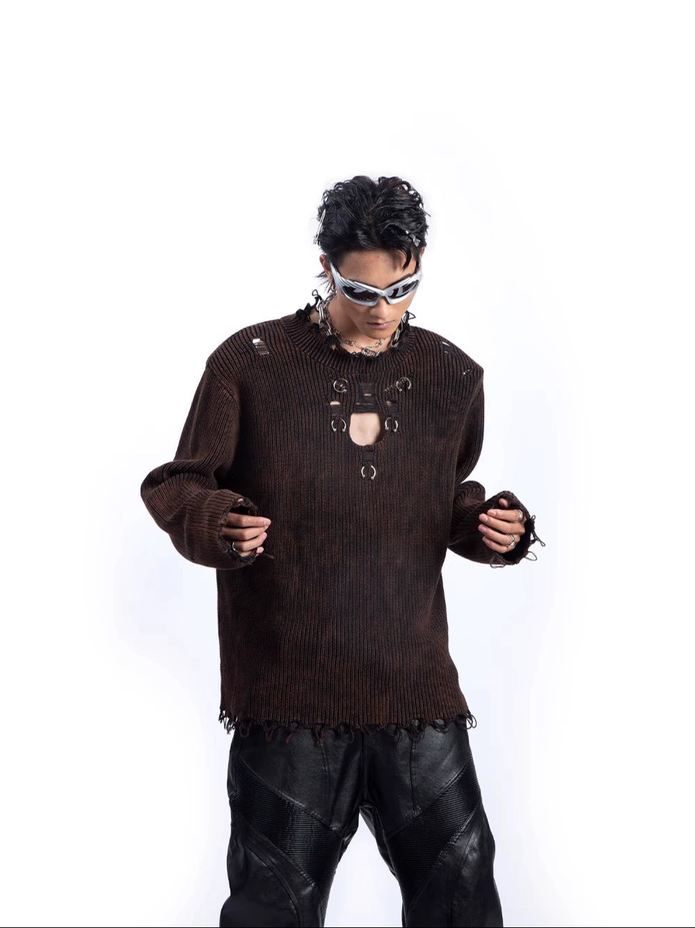 Metal Hollow-Out Damage Knit Sweater WN9224