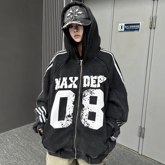 Washed Damage Letter Oversize Zipper Hoodie WN24214