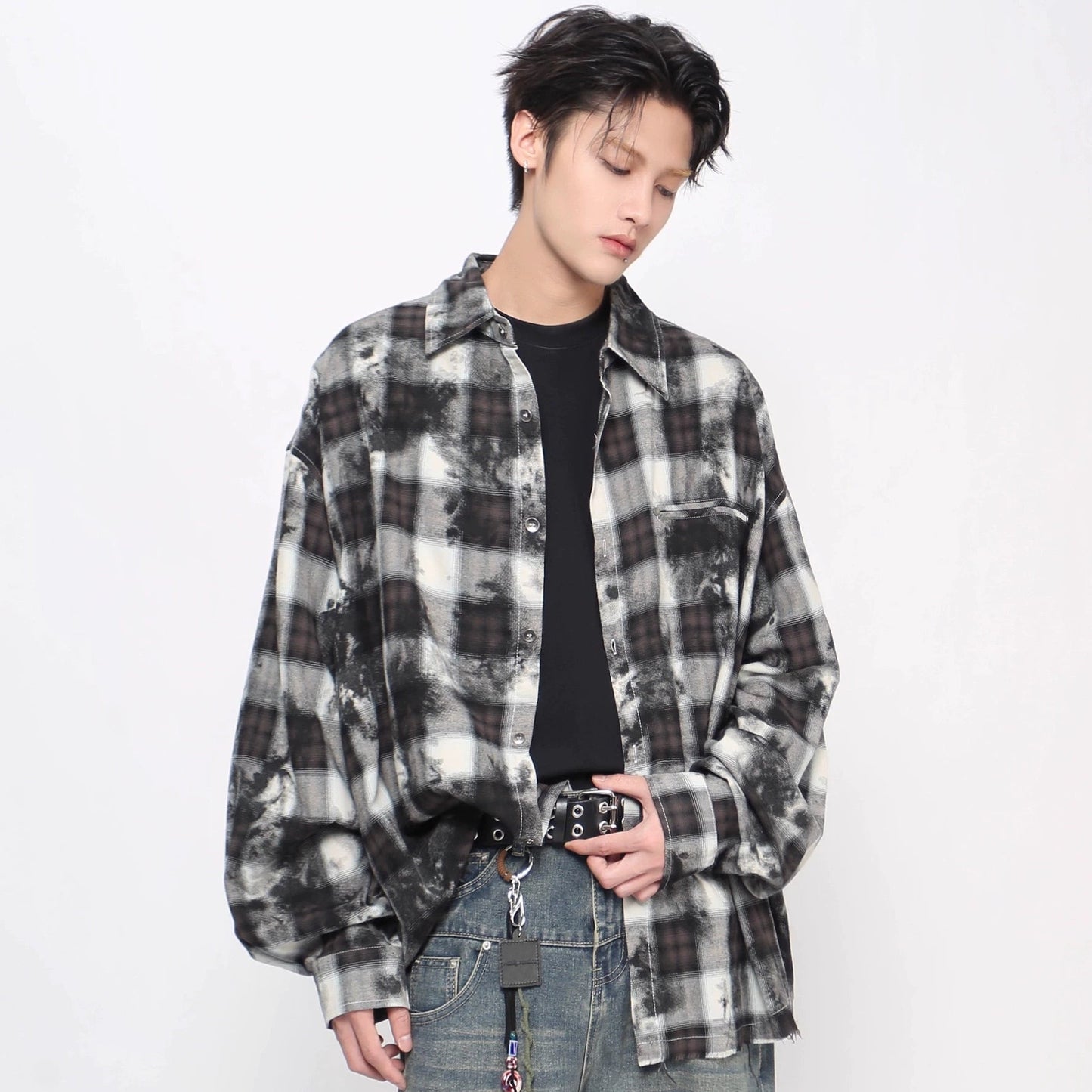 Tie-Dye Plaid Whisker Hem Long Sleeve Shirt WN21018