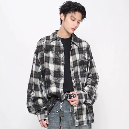 Tie-Dye Plaid Whisker Hem Long Sleeve Shirt WN21018