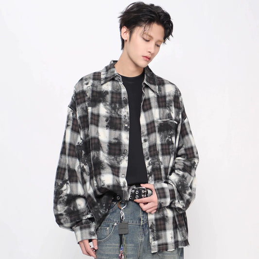 Tie-Dye Plaid Whisker Hem Long Sleeve Shirt WN21018