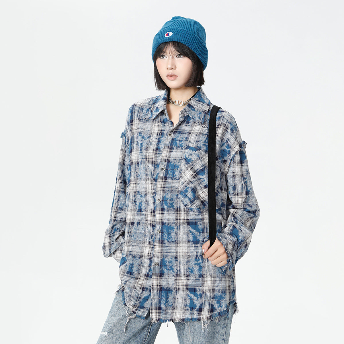 Plaid Washed Fringe Long Sleeve Shirt WN25379