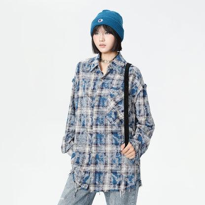 Plaid Washed Fringe Long Sleeve Shirt WN25379