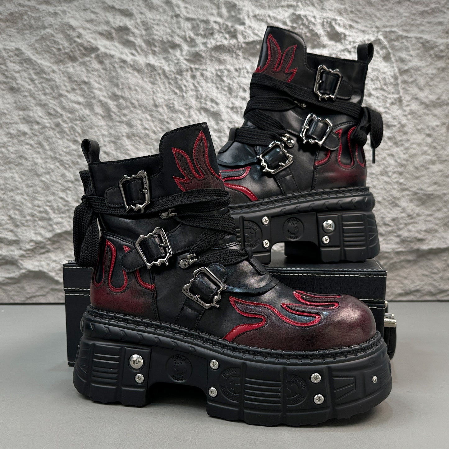 Flame Embroidery Strap Buckle Platform Short Boots WN24578