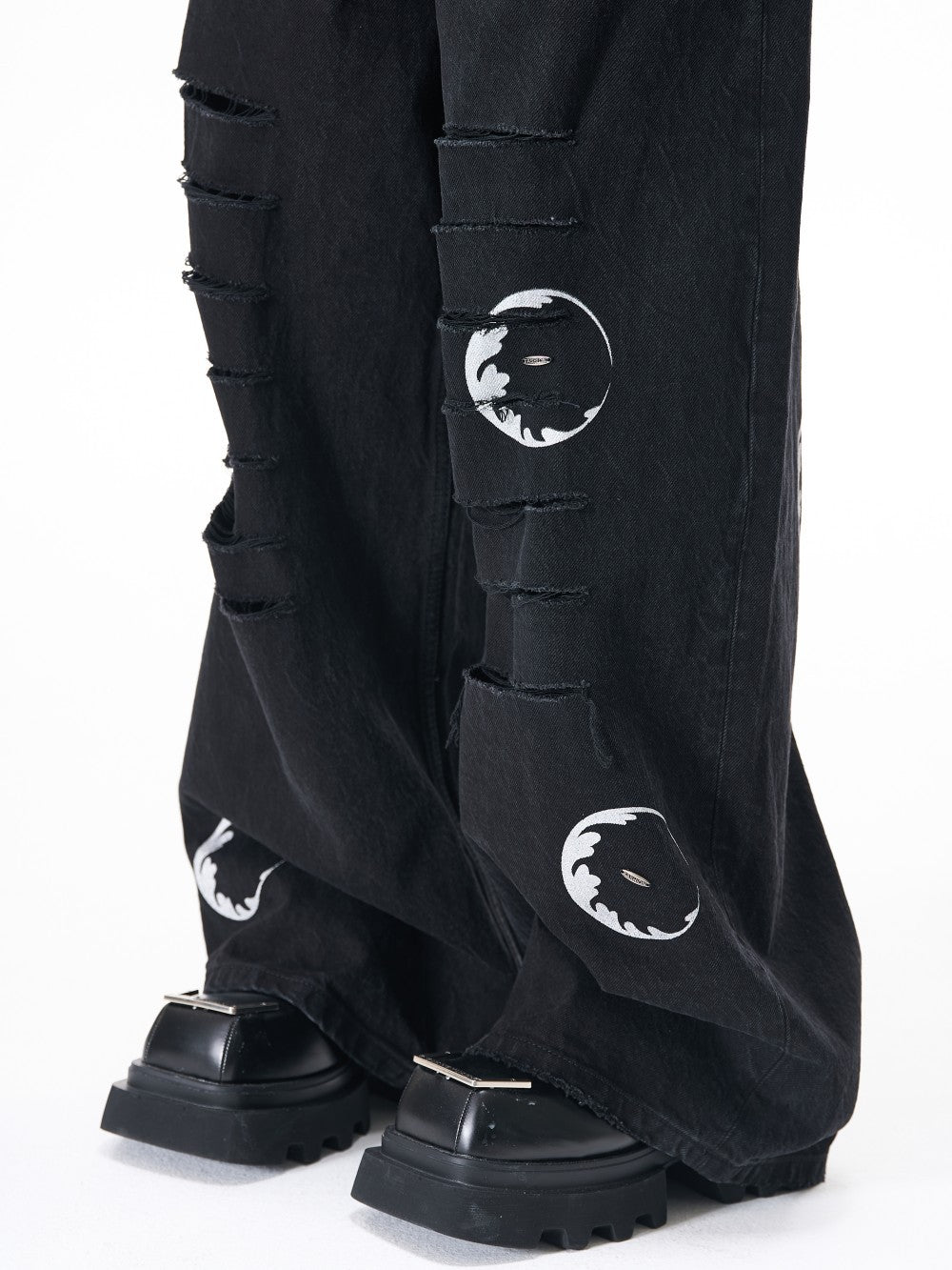 Ripped Circle Print Wide Leg Denim Jeans WN27892