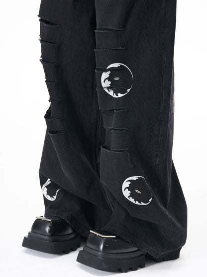 Ripped Circle Print Wide Leg Denim Jeans WN27892
