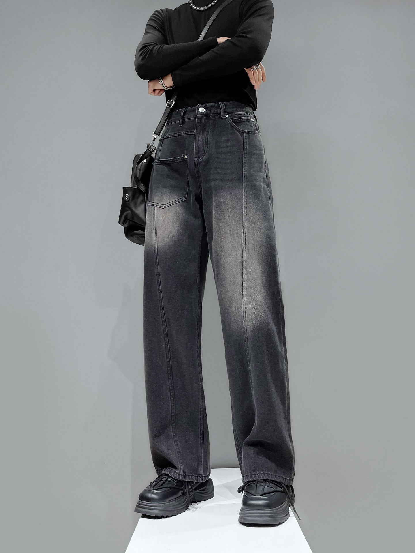 Pocket Patchwork Wide Leg Denim Jeans WN23913