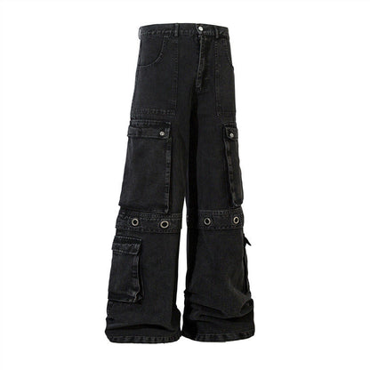 Multi Pocket Strap Detail Wide Leg Denim Jeans WN24289