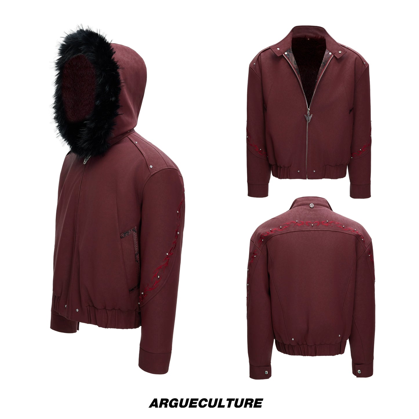 Hooded Fake Fur Embroidery PU Leather Puffer Jacket WN22604