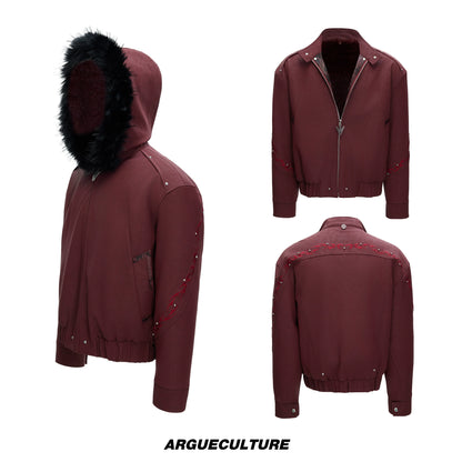 Hooded Fake Fur Embroidery PU Leather Puffer Jacket WN22604