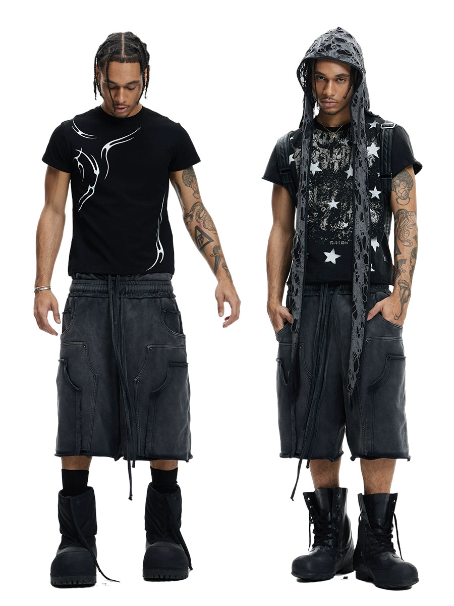 Deconstructed Double Waist Washed Wide Leg Half Sweatpants WN17032