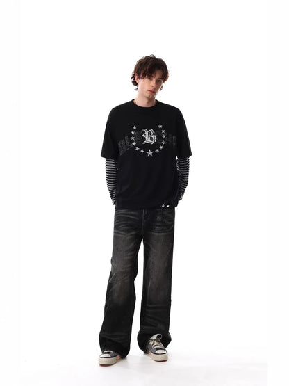 Fake Layered Stripe Graphic Long Sleeve T-Shirt WN28013