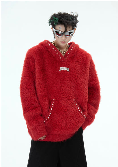 Pearl-Embellished Furry Hooded Knit Sweater WN11614