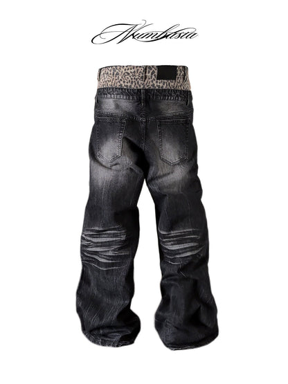 Double Waist Leopard Print Wide Leg Denim Jeans WN27199