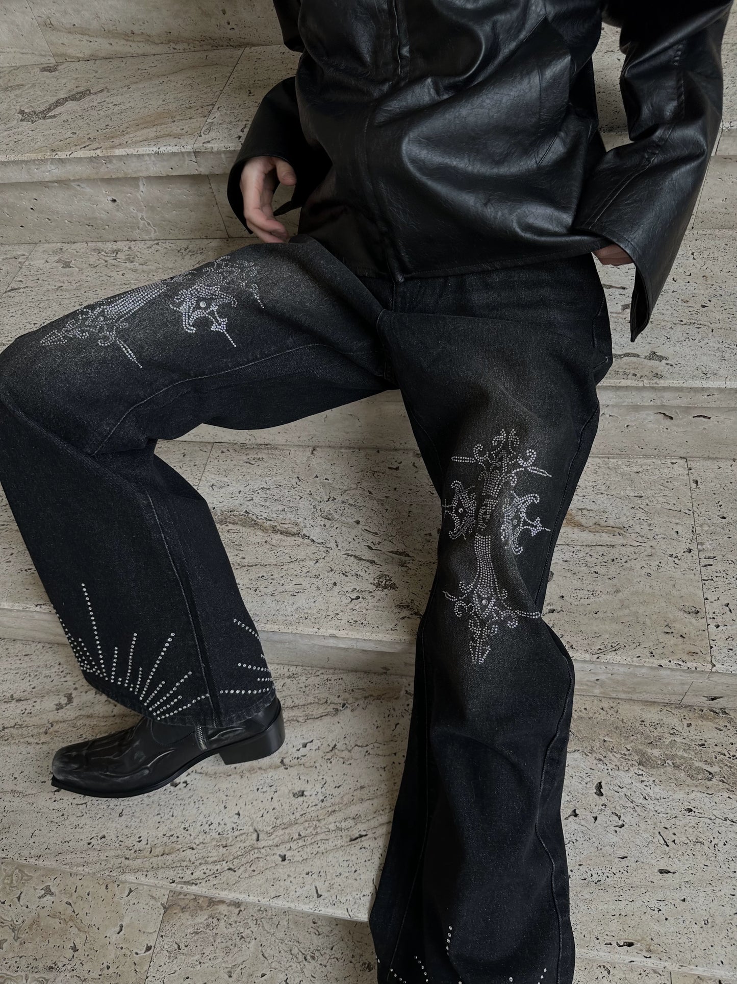 Wash Rhinestone Flare Denim Jeans WN22607