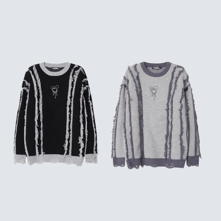 Frayed Stripe Heart Graphic Knit Sweater WN27969