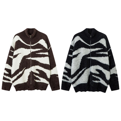 Zebra Print Oversize Zipper Knit Cardigan WN11176