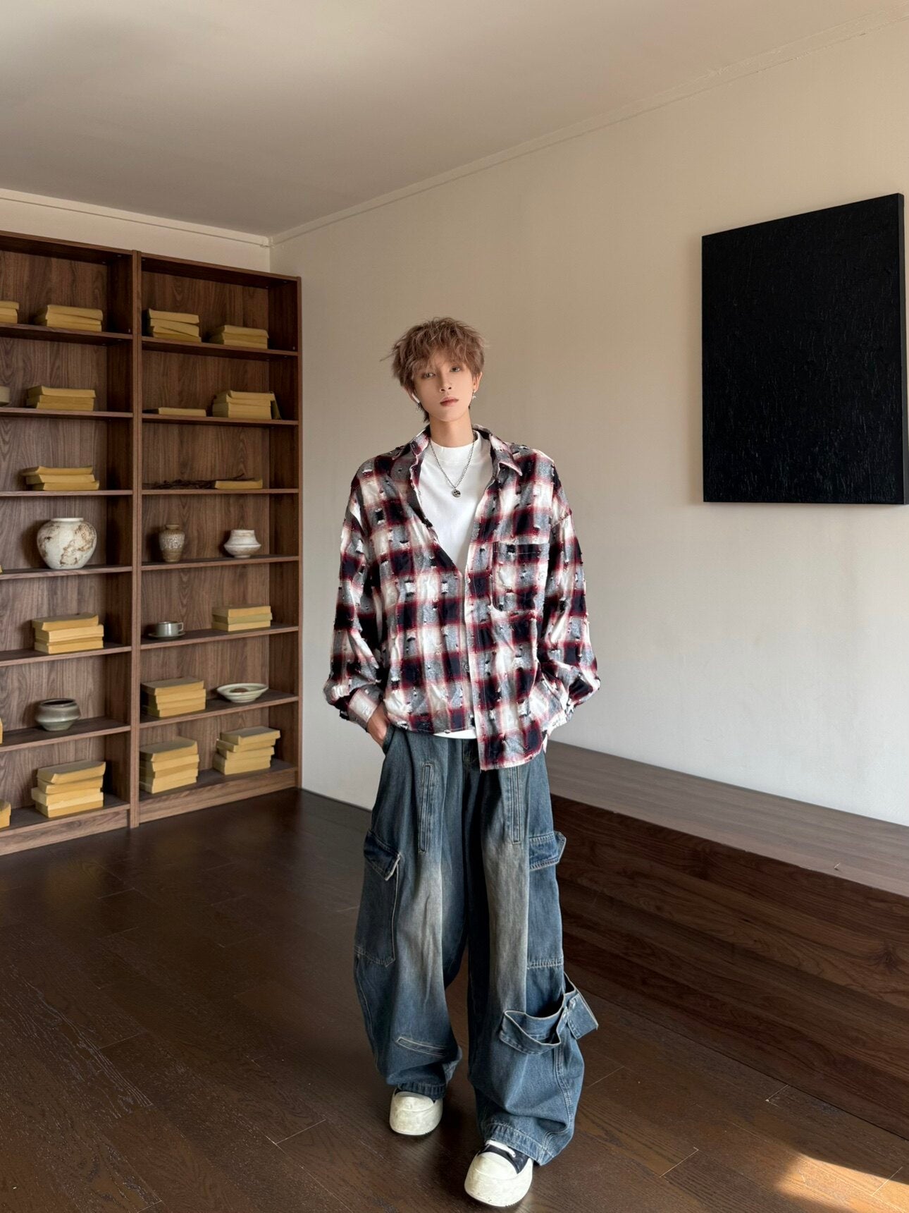 Damage Plaid Oversize Button-Front Long Sleeve Shirt WN23197