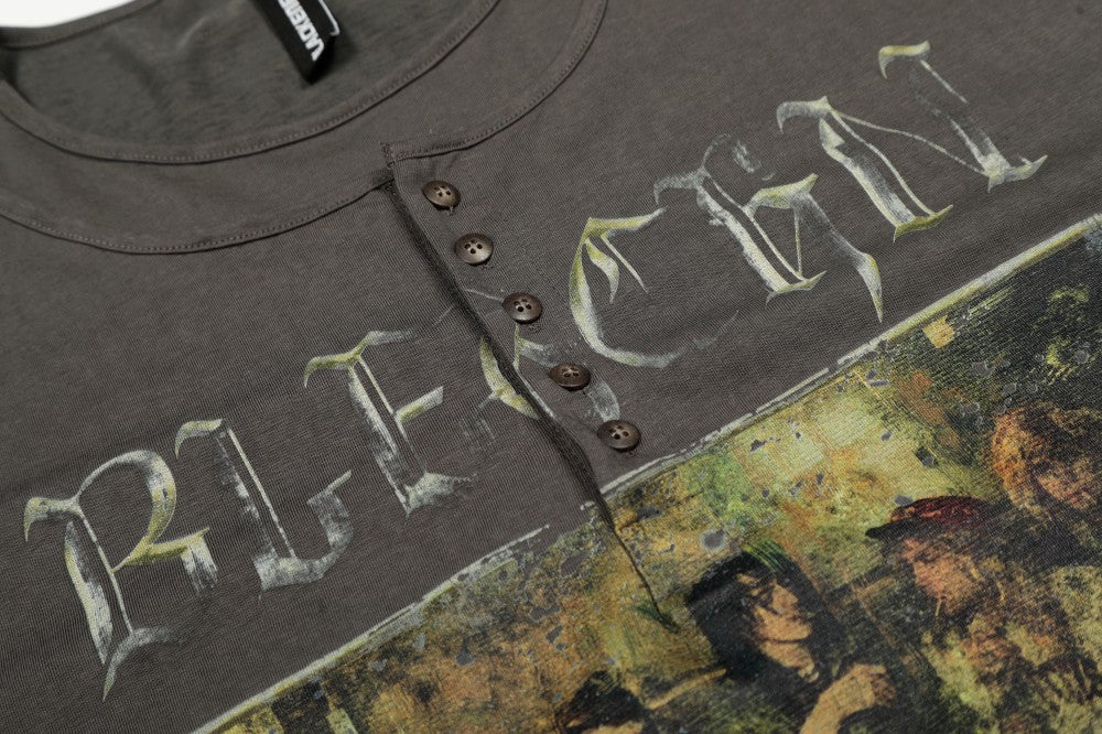 Washed Fake Layered Graphic Henley Long Sleeve T-Shirt WN28016