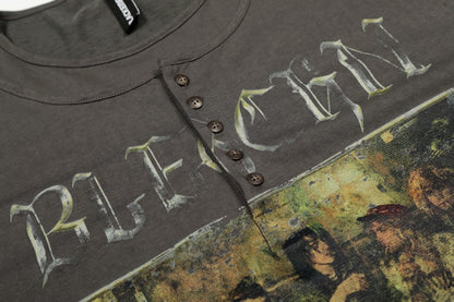 Washed Fake Layered Graphic Henley Long Sleeve T-Shirt WN28016